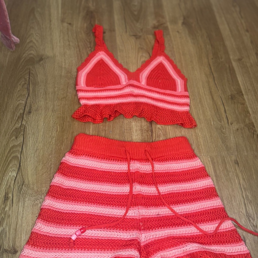 Red and Pink Knit Bralette and Shorts Set